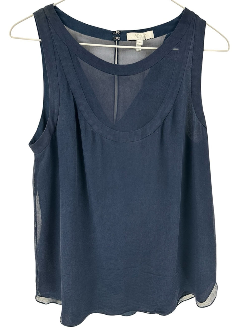 Adam Lippes 100% Silk Navy Blue Sheer Sleeveless Lined Top Blouse Preppy Sz 6